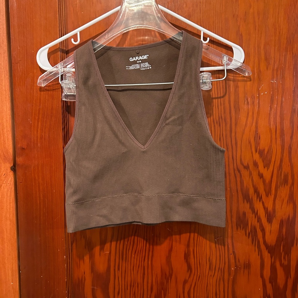 Garage Brown Ribbed V-Neck Crop Top